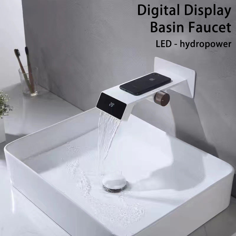 Bathroom Hot Cold Wall Mounted Waterfall Digital Display Basin Faucet