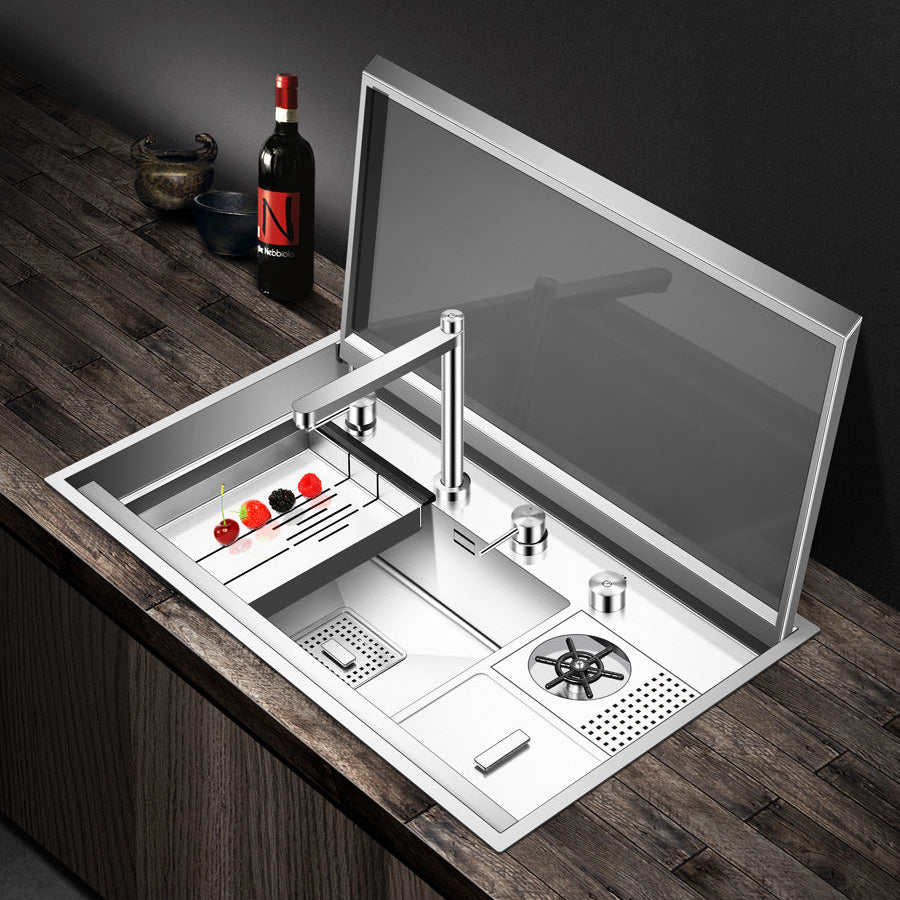 304 Stainless Steel 32 Inch Kitchen Sink Hidden Cover Single Bowl with Pullout Hot Cold Folding Faucet