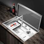 304 Stainless Steel 32 Inch Kitchen Sink Hidden Cover Single Bowl with Pullout Hot Cold Folding Faucet