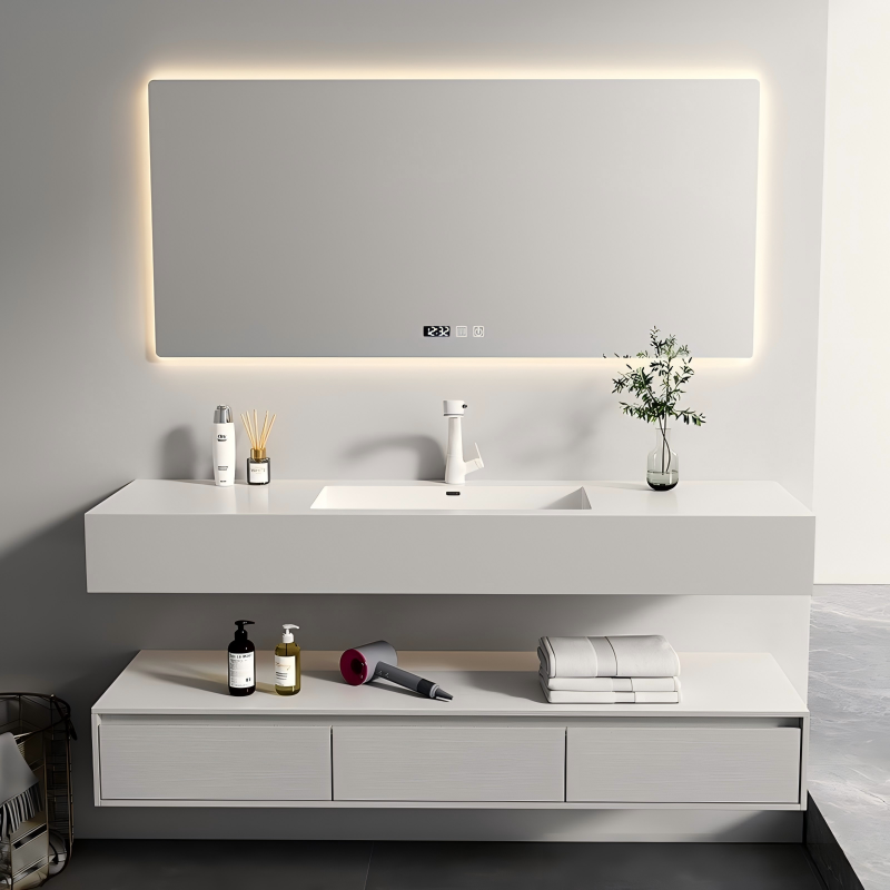 36'' Home Bathroom Vanity Plywood Cabinet with Sintered Stone Countertop Single Ceramic Basin Sink