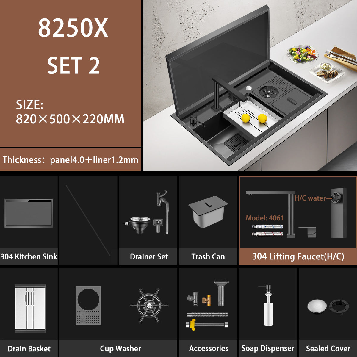 32 Inch Undermount Kitchen Sink 304 Stainless Steel  Black Single Bowl with Pull-out Hot Cold Faucet