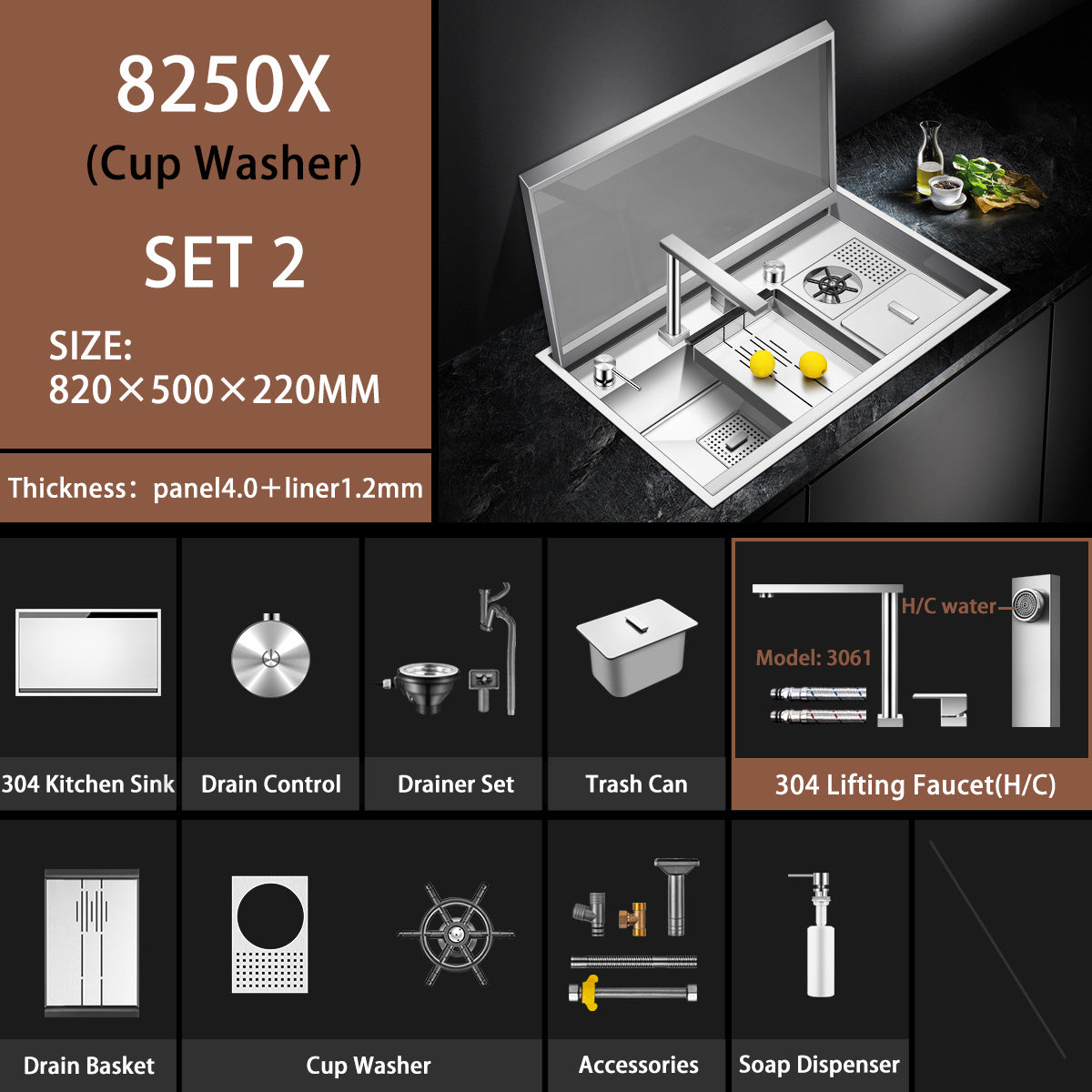 304 Stainless Steel 32 Inch Kitchen Sink Hidden Cover Single Bowl with Pullout Hot Cold Folding Faucet
