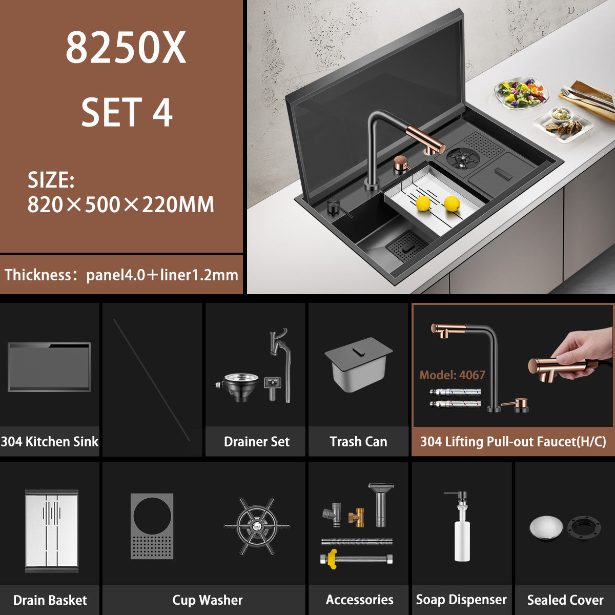 32 Inch Undermount Kitchen Sink 304 Stainless Steel  Black Single Bowl with Pull-out Hot Cold Faucet