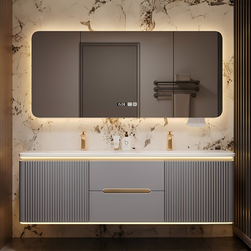 Modern Floating Bathroom Vanity with Smart Mirror Cabinet Custom Painted Plywood Cabinet